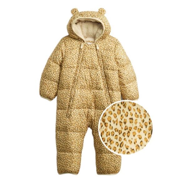 GAP Quilted Puffy Cheetah Print Sherpa Hood Pram Snowsuit 0-6 months - Picture 1 of 7
